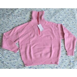 MANGO Pink Ribbed Quarter Zip Sweater Size XS Contrasting Red Zip